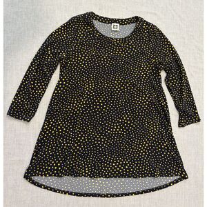 Anne Klein Drapey Blouse Three Quarter Sleeve Top Navy Blue Yellow Polka Dots